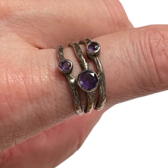 Jewelry - Signed 925 Sterling Silver Triple Band Ring w Bezel Set Amethysts – Size 7